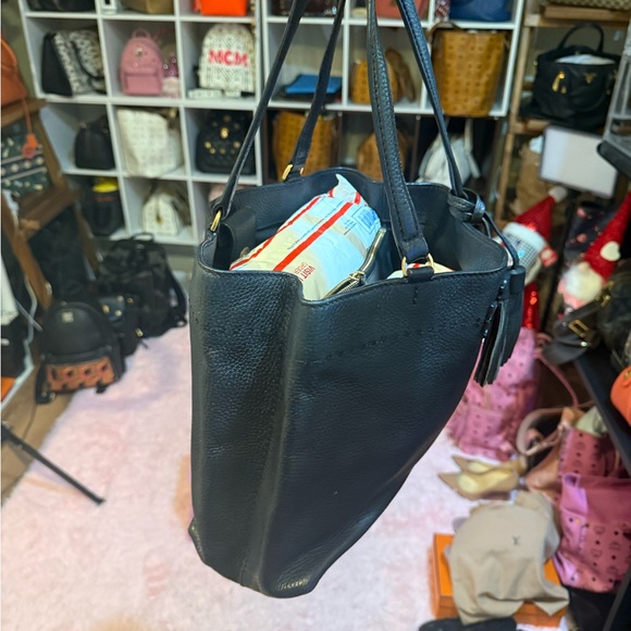Tory Burch Black Leather Tote with Tassels - Picture 3 of 6